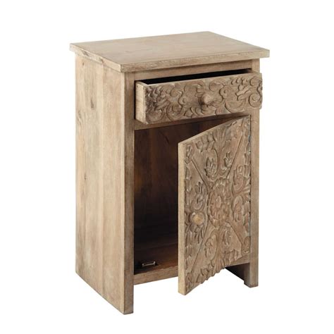 Carved Solid Mango Wood Bedside Table With Drawer In Whitewash Himalaya Maisons Du Monde