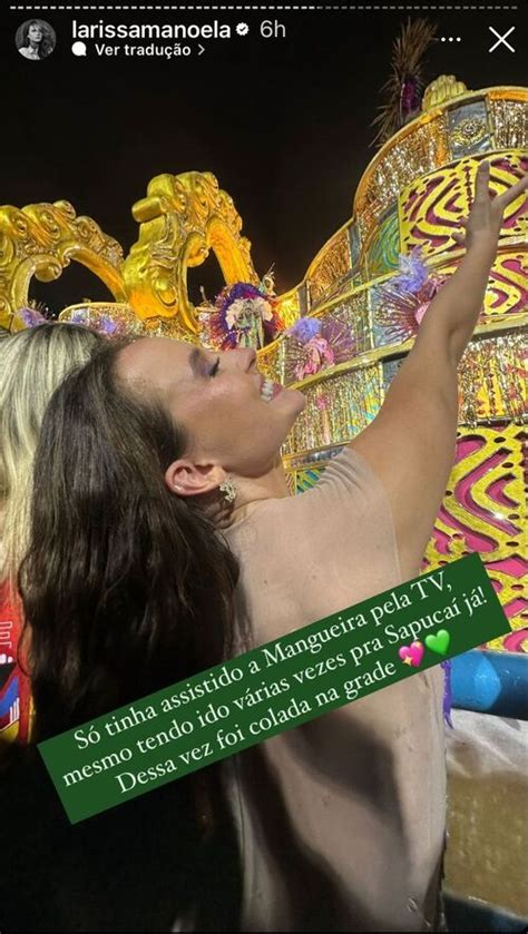 Larissa Manoela se emociona ao ver escolas de samba na Sapucaí Colada