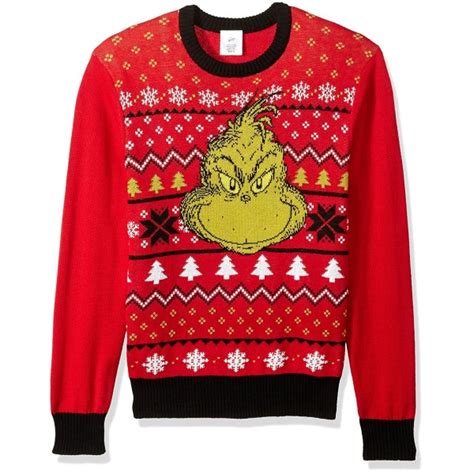 Dr Seuss Mens Grinch Face Ugly Christmas Sweater Redblack