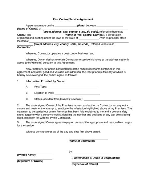 Printable Pest Control Service Agreement Template