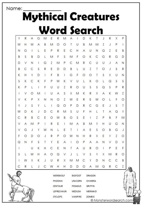 Mythical Creatures Word Search Monster Word Search