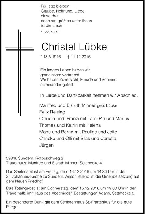 Traueranzeigen von Christel Lübke Trauer in NRW de