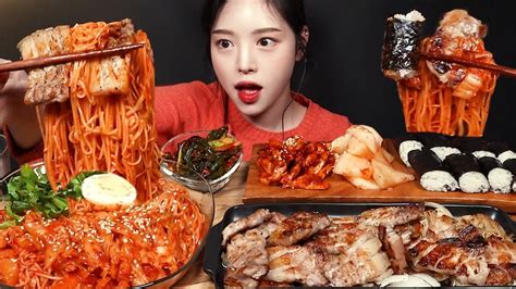 Sub노릇노릇하게 구운 삼겹살에 김치비빔국수 먹방 충무김밥까지 한식 꿀조합 리얼사운드 Grilled Pork Belly