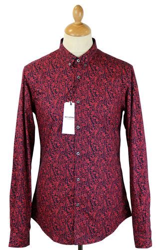 Ben Sherman Floral Paisley Retro 60s Mod Button Down Shirt Navy