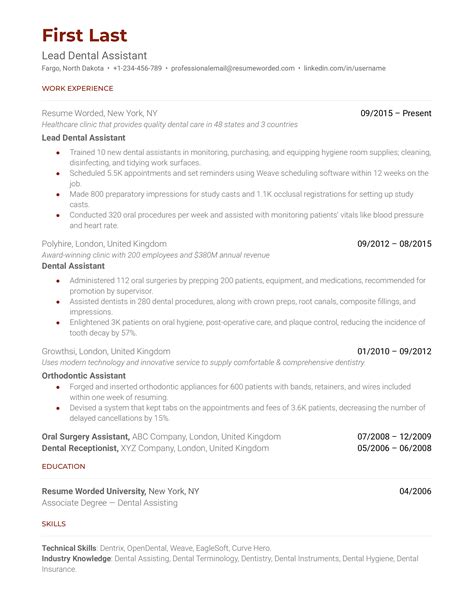 Lead Dental Assistant Resume Examples for 2025 | Resume Worded