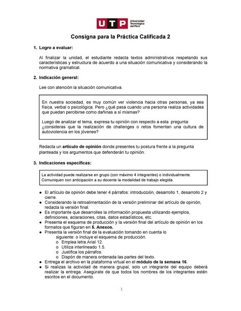 Pc Articulo De Opinion Consigna Para La Pr Ctica Calificada