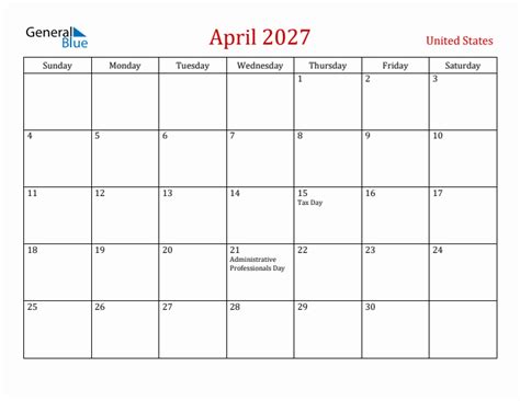 April 2027 Monthly Calendar With United States Holidays