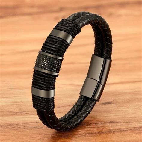 Armband Herren Leder Edelstahl Magnetverschluss Schwarz Gold Silber