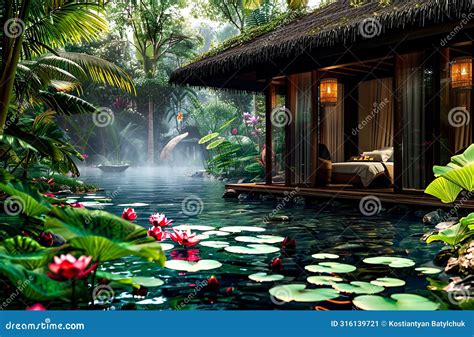 Pool Surrounded By Water Lilies With Hut In The Middle Of It Ai Stock