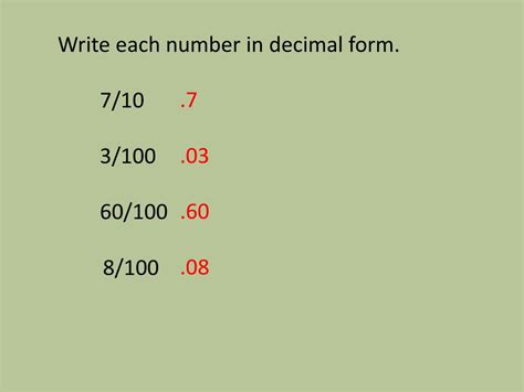 Ppt Write Each Number In Decimal Form Two Hundredths Five And Six Tenths Powerpoint