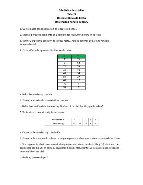 Taller regresión lineal y exponencial Ver II Taller 3 Docente