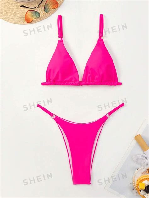 SHEIN Swim Summer Beach Mono Bikini Set Micro Triangle Bra Top Thong