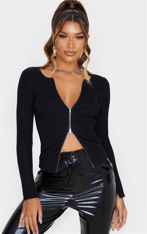 Black Zip Front Knit Top Knitwear Prettylittlething Usa