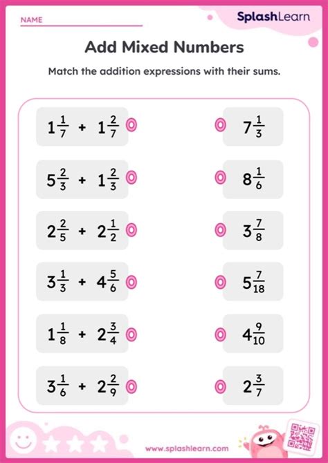 Add Mixed Numbers And Match The Sum Printable Math Worksheet