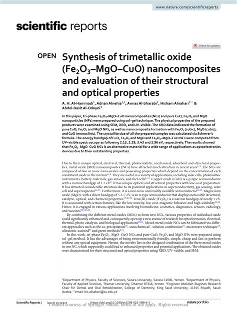 Pdf Synthesis Of Trimetallic Oxide Fe O Mgocuo Nanocomposites And