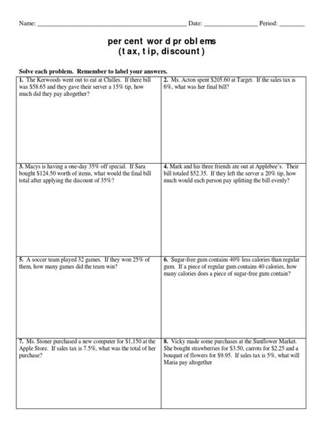 Percent Word Problems Tax Tip Discount Solve Each Problem