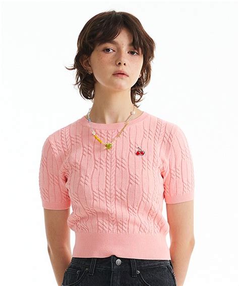 MUSINSA KIRSH Small Cherry Cable Crop Short Sleeve Knit Salmon