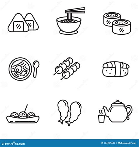 Set Of Japanese Food Icons In Black Line Design Stock Vector