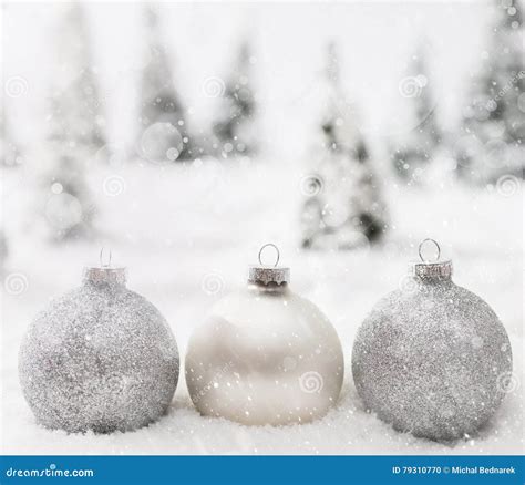 Christmas Glass Balls In Winter Miniature Forest Scenery With Snow