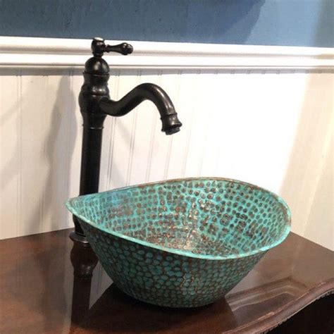 Copper Bathtub Bathroom Vessel Sink Green Patina Above Counter Etsy