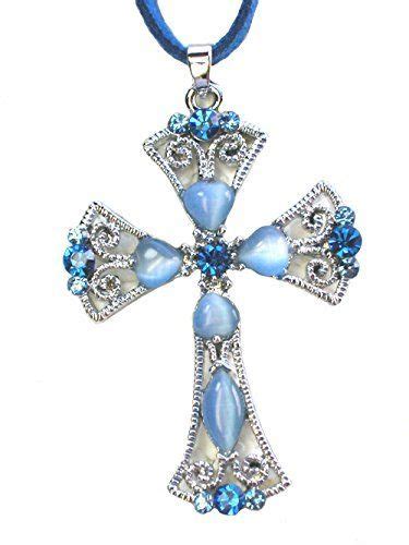 Gorgeous Blue Crystal Cross Crucifix Pendant Necklace At Maries