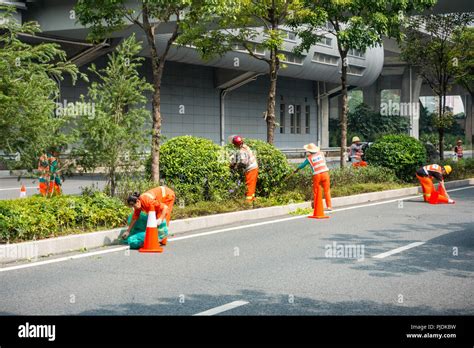 Occupation Chinese Sanitation Workers Wearing Uniforms Clean The