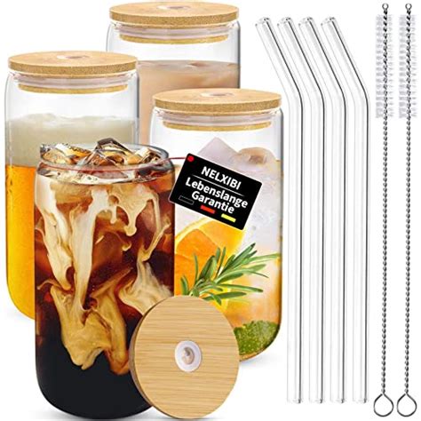 NELXIBI Lot De 4 Verre Canette 16oz Verre avec Paille Réutilisables