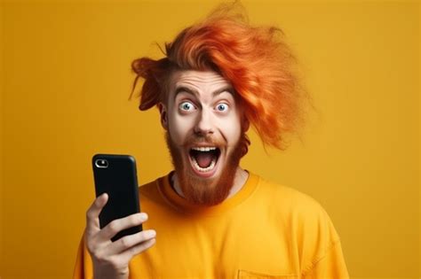 Um Homem De Cabelo Ruivo E Camisa Amarela Segura Um Telefone Preto Na