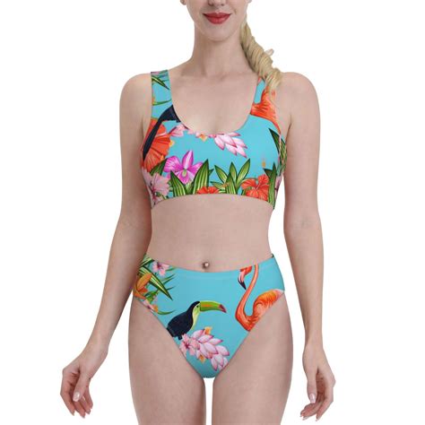 Fotbe Womens Tropical Jungle Flamingo Print Bikini High Waisted