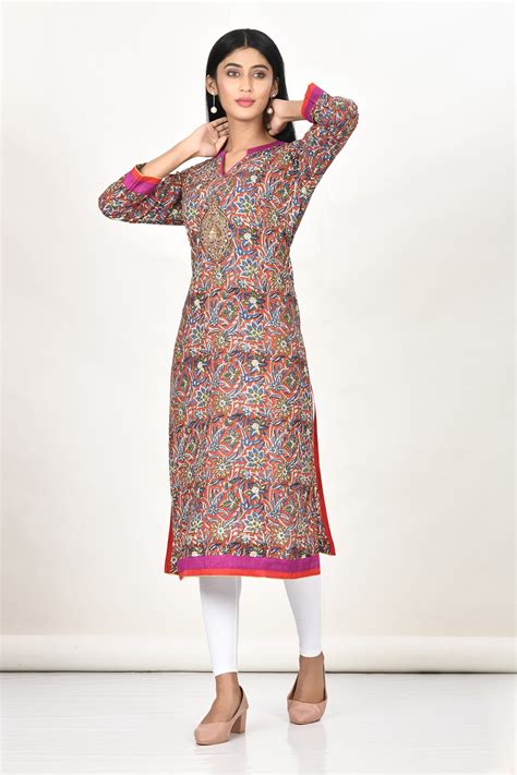 Buy Multi Color Cotton Printed Floral Motifs Notched Kurta For Women By