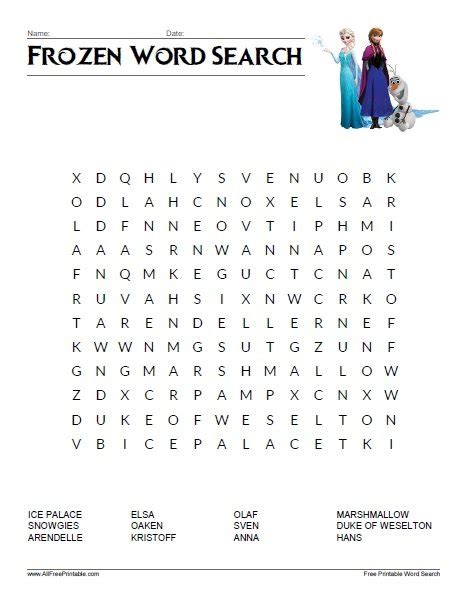 Frozen Word Search Free Printable