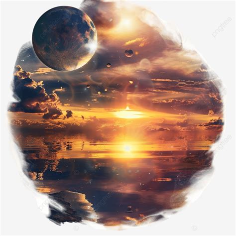 Panoramic Sea Sunrise Or Sunset With Celestial Clouds And Planets