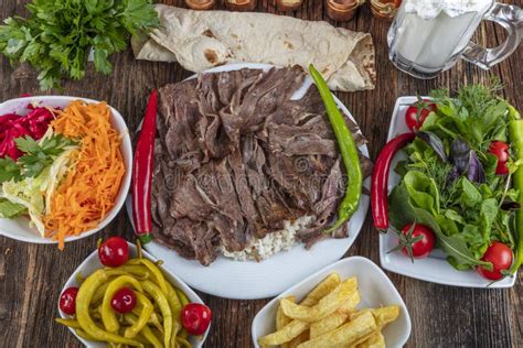 Traditional Turkish Doner Kebab Shawarma Or Gyros With Pita And Rice