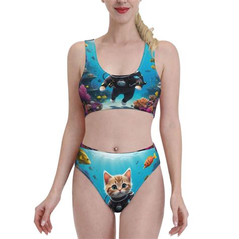 Logiee Underwater Diving Cat Print Women S 2 Piece Bikini Set Halter Bathing Suit High Waisted