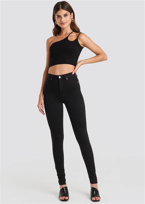 Skinny High Waist Raw Hem Jeans Tall Black Na