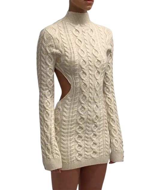 Women Sweater Dress Turtleneck Cable Knit Long Sleeve Backless Sweater