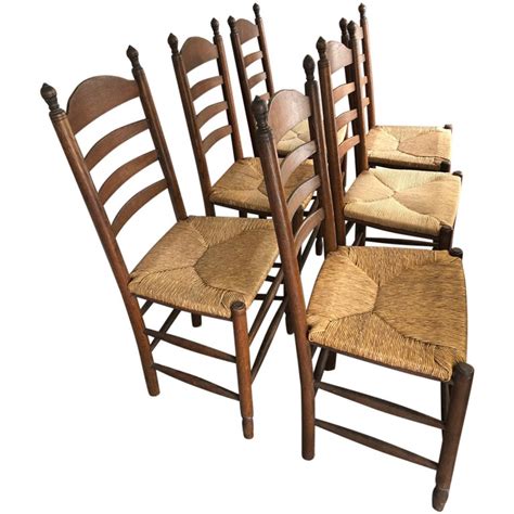 Handsome Set Of 6 Ladder Back Dining Chairs With Rush Seats At 1stdibs