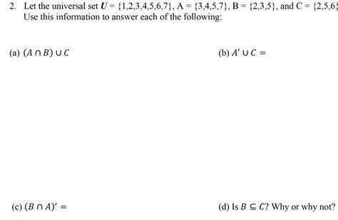 Solved 2 Let The Universal Set U {1 2 3 4 5 6 7} A