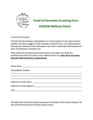 Fillable Online Yourhealth Uncc Proof Of Preventive BScreening Formb