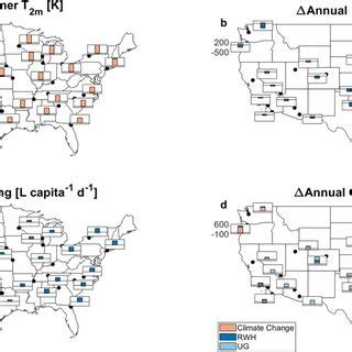 Map view of selected cities in the USA. Bar plot shows the changes in ...