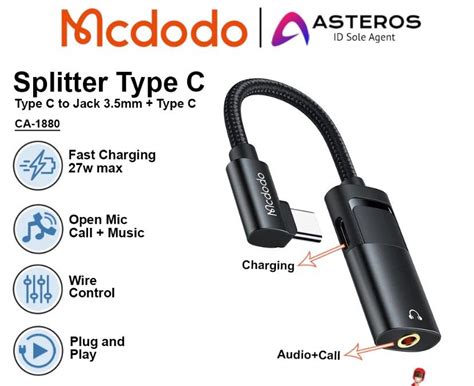 MCDODO Converter Splitter Type C To Jack 3 5mm Type C Charging Audio