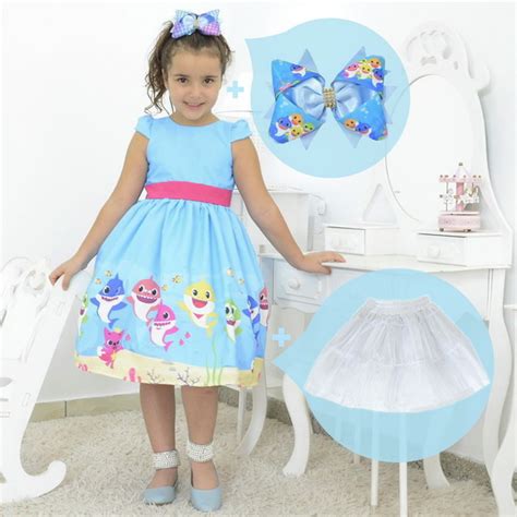 Kit Vestido Baby Shark a Família de Tubarões Laço Saia Elo7