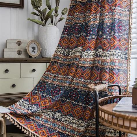 Set Van 2 Gordijnen Boho Katoen Linnen Vintage Landhuisstijl