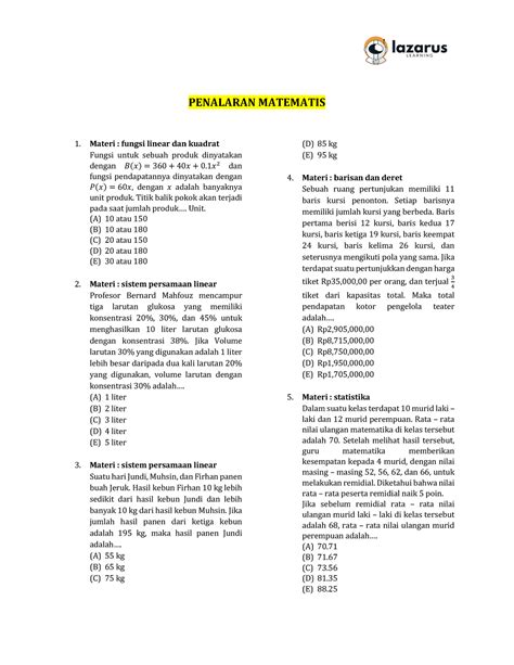 SNBT PM Paket Soal 007 PENALARAN MATEMATIS Materi Fungsi Linear