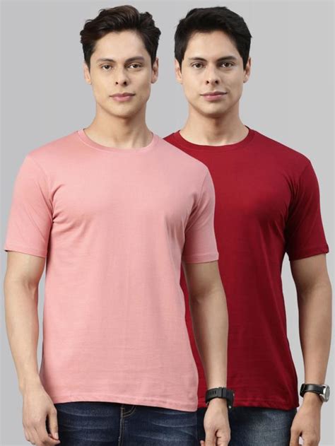 Recast Men Maroon Pink Solid Pure Cotton Round Neck T Shirt L Pack Of