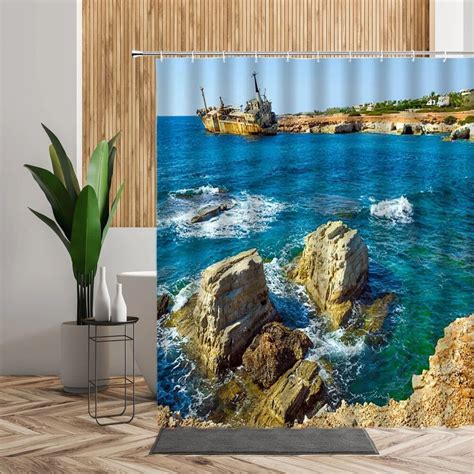 Sunlight Ocean Sea Scenery Shower Curtain Set Sailboat Blue Sky Ship