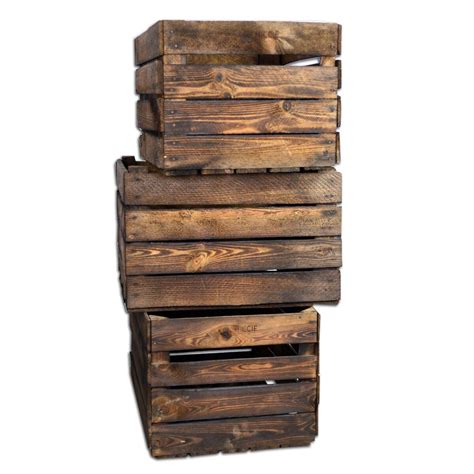 CHICCIE 3 Set Vintage Holzkisten Geflammt 50x40x30 Obstkisten Weink