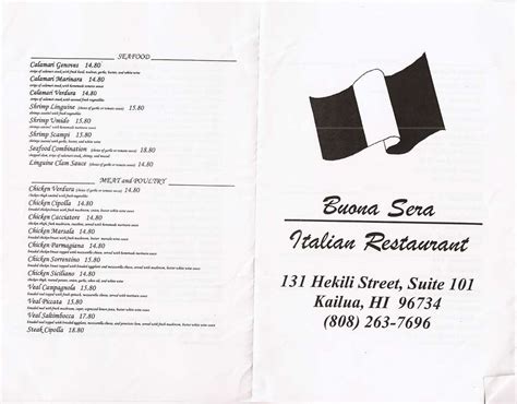 Menu at Buona Sera restaurant, Kailua