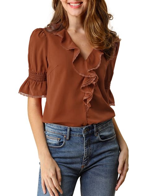 Allegra K Women S Ruffled V Neck Puff Elbow Sleeve Semi Sheer Chiffon