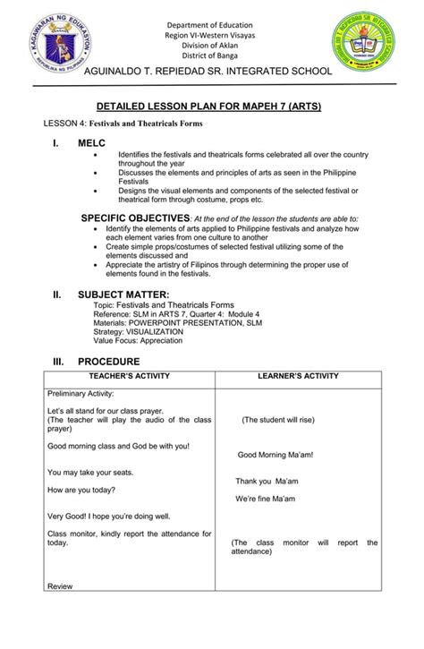 DETAILED LESSON PLAN FOR MAPEH 7 COT Docx